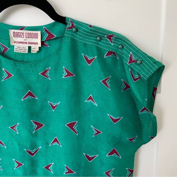 Vintage 80s Maggy London Silk Green Geometric Pattern Dress - Picture 4 of 7